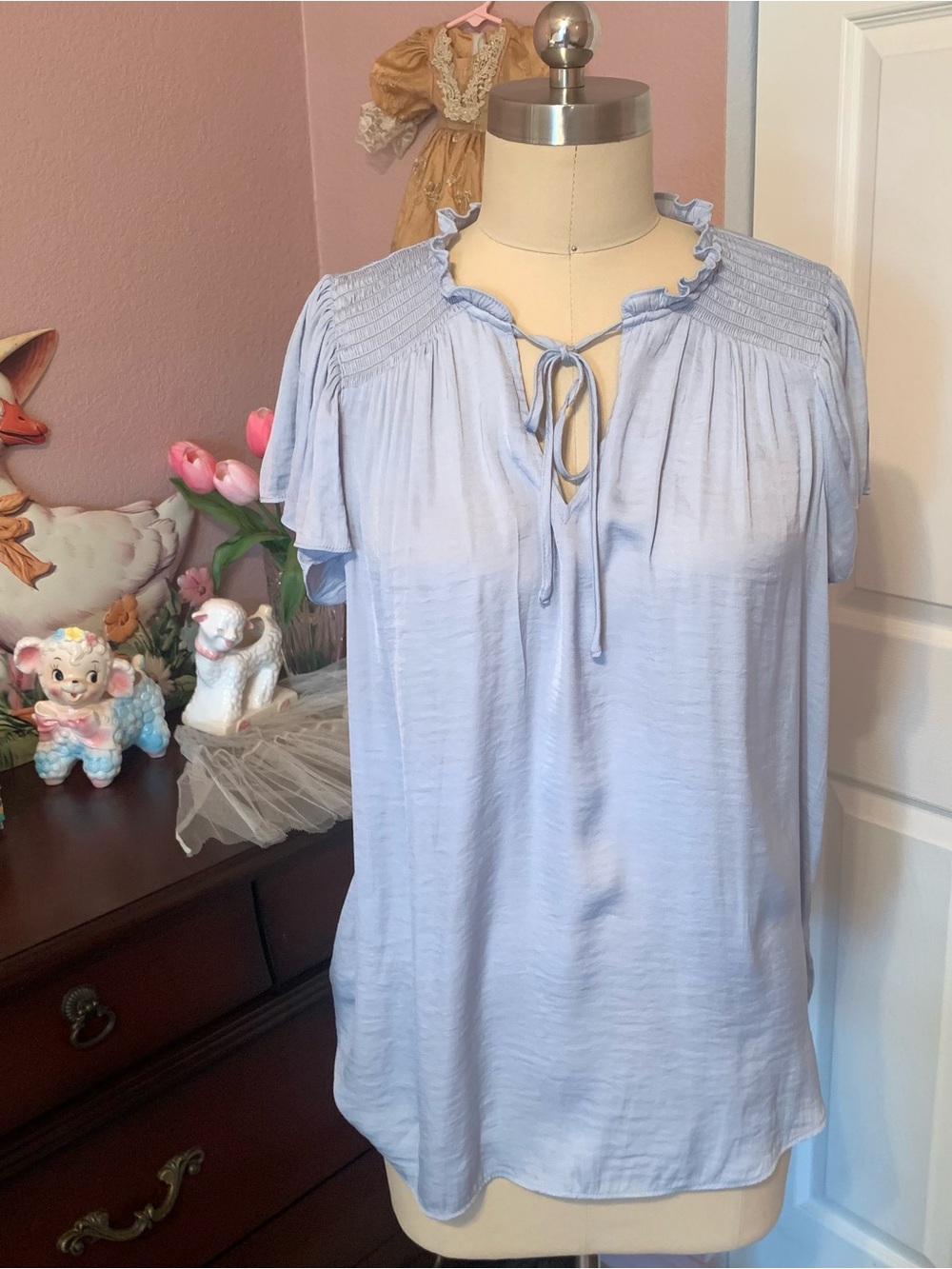 MAISON D'AMELIE Light Blue Tie-Neck Ruffle Yoke Blouse